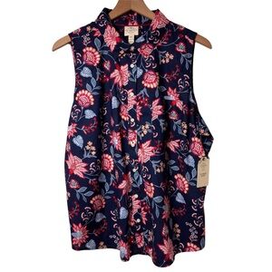ST. JOHN'S FLORAL BLUE RED WOMEN BUTTON-UP SLEEVELESS TOP SIZE PXXL BRAND NEW